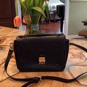 Faux Louis Black Embossed Leather Crossbody Bag with Gold-Tone Lock